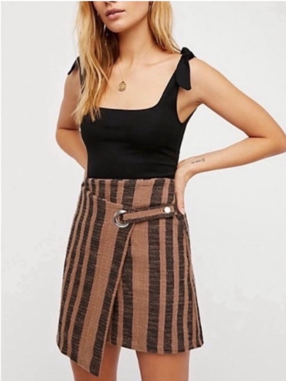 Free People Black & Brown Striped Wrap Mini Skirt